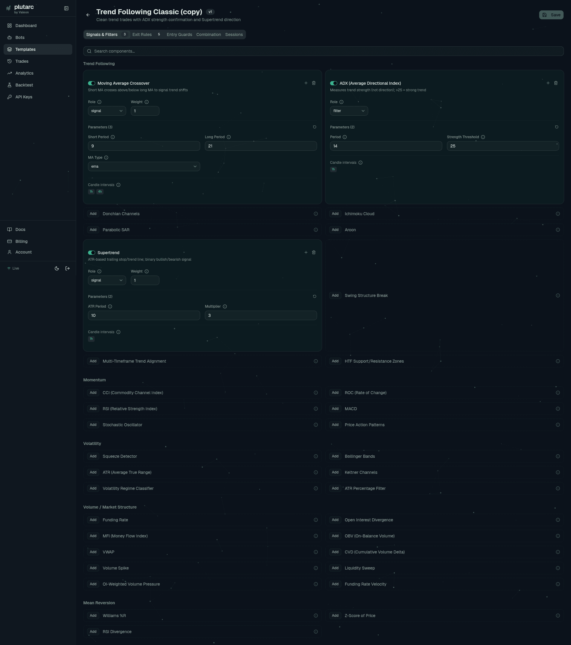 plutarc strategy template builder with composable signal and filter components
