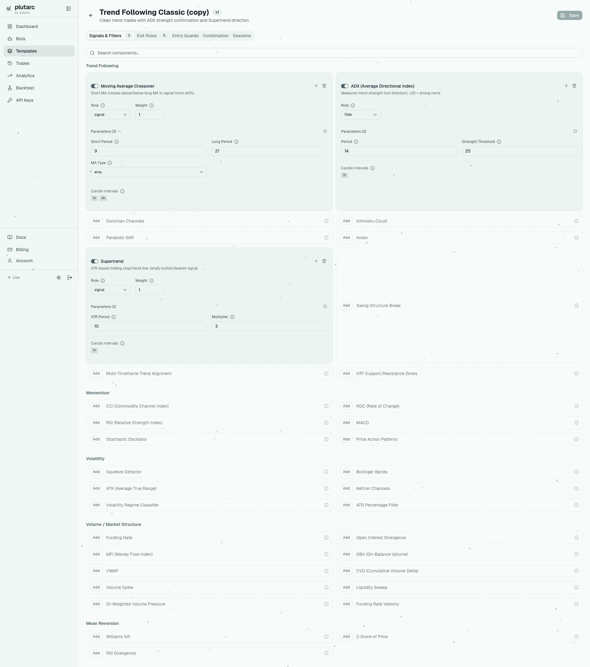 plutarc strategy template builder with composable signal and filter components